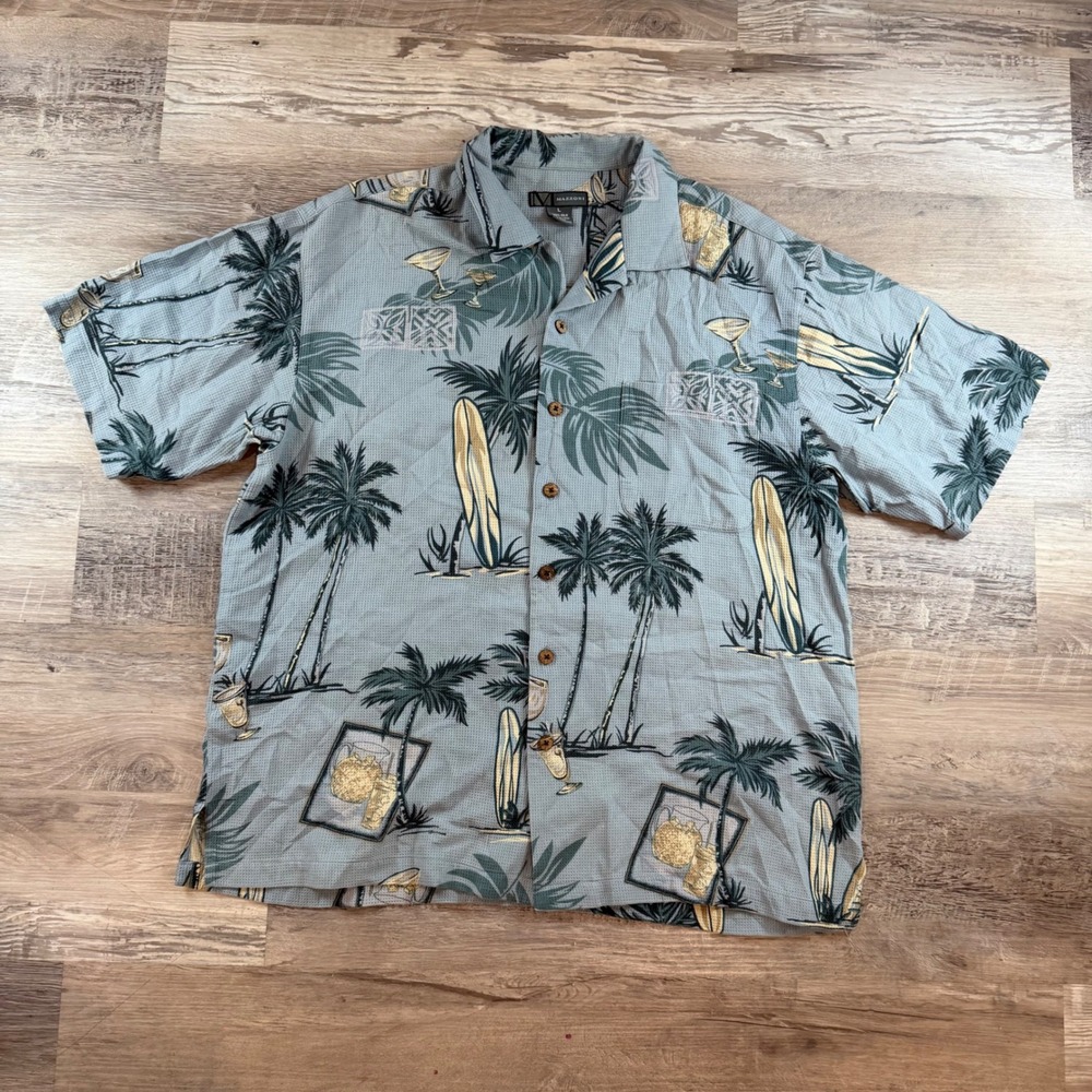 Mazzoni Mens Silk Tropical Aloha Shirt Blue Palm Tree Surfboard Waffle Weave L